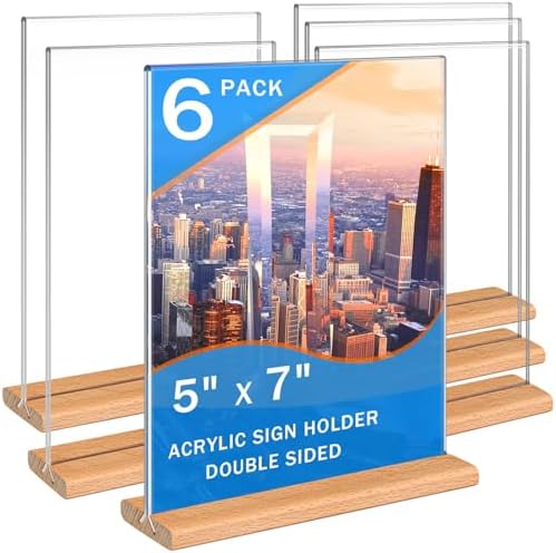 Kersally Acrylic Sign Holder 5 x 7, 6 Pack Double-Sided Clear Table Display Stands with Wood Base,Vertical Acrylic Frame Menu Flyer Paper Holder for Stores, Restaurants, Hotels, Office, Show Fair