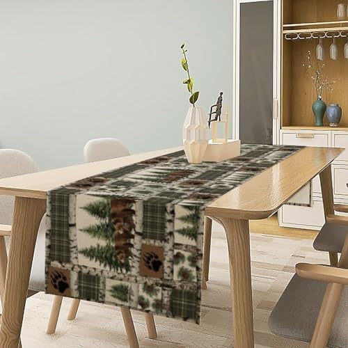 Rustic Cabin Moose Deer Bear Table Runner, Retro Bear Cottage Country Style Cabin Farmhouse Dinner Runner for Home Kitchen Dining Table Decoration 13x36inch