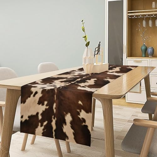 Cow Print Table Runner, Brown Cowhide Western Style Runner Country Farmhouse Cottage Patten Decoration for Home Kitchen Dining,13x70 Inch
