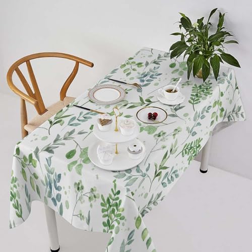 Sage Leaves Tablecloth, Watercolor Spring Floral Green Eucalyptus Leaf Print Table Cover for Farmhouse Kitchen Dinning Indoor Outdoor Party Decor 55x75in