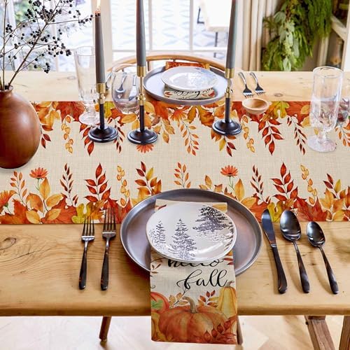 Fall Pumpkin Table Runner Dresser Scarf 13 x 108 Inch Harvest Orange Maple Leaves Table Runners Non-Slip Heat Resistant Kitchen Dining Table Decor for Autumn Thanksgiving Holidays Indoor Outdoor