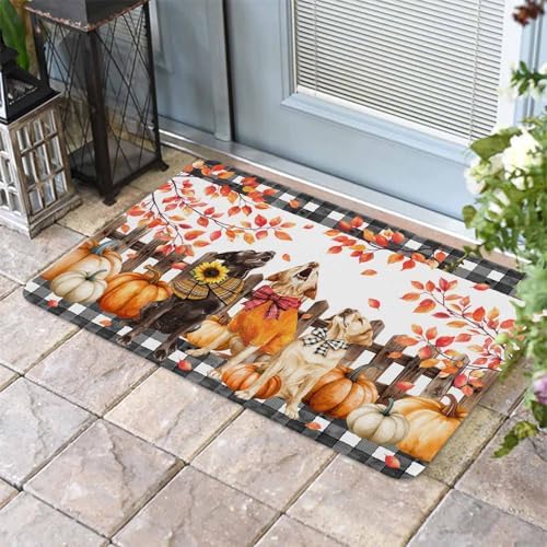 Fall Door Mat Orange Pumpkin Dog Doormat Bow Puppy Maple Leaves Fence Plaid Harvest Thanksgiving Welcome Mat Non Slip Entryway Front Rug Floor Mat for Indoor Outdoor Kitchen Autumn Holiday Decor 16x24