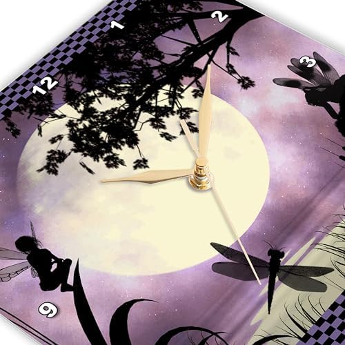 3dRose Wall Clock Silent - 10 inch - Fairies and Dragonflies with an Purple Moon - Fairies