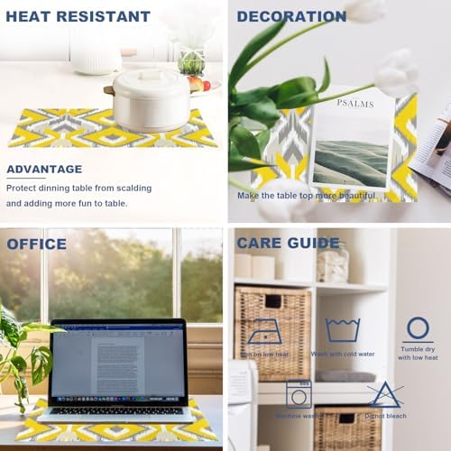 Batmerry Geometric Placemats,Retro Geometric Ikat Yellow Gray Pattern Woven Burlap Modern Linen Washable Insulation Table Mats for Farmhouse Placemats Set of 4