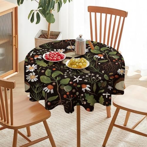 Wild Mushrooms Tablecloth, Rustic Chamomile Flowers Herbs Plants Retro Botanical Mushroom Natural Print Table Cover for Kitchen Dining Room Picnic Camping Indoor Outdoor, 50x50in