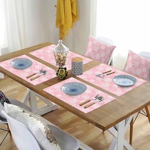 Christmas Placemats Set of 6, Pink White Snowflakes Pattern Heat Resistant Washable Table Place Mats Winter Cotton Table Linens Party Holiday Decor for Kitchen Dining Outdoor Indoor