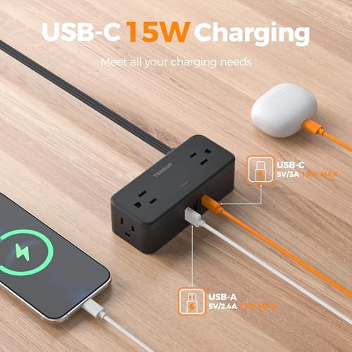 TESSAN Extension Cord 5 FT, Power Strip with 900J Surge Protection, Black (Pack of 2)