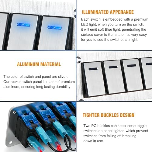 Nilight 5 Gang Rocker Switch Panel 3 Pin On Off Pre-Wired Blue LED