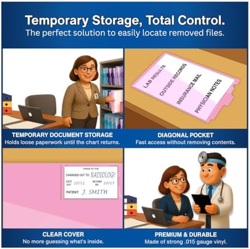 Doctor Stuff - Center Tab Vinyl Out Guides, Diagonal Cut Front Pocket, Top Charge Out Slip Pocket, Plastic File Folder, Letter Size 9" x 13-1/4", Pink, 100/Box