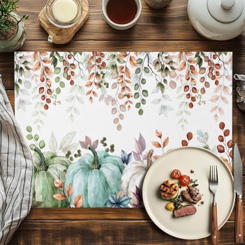 Fall Thanksgiving Placemat, Autumn Pumpkins Eucalyptus Leaves Heat Resistant Washable Dining Table Mats Fall Holiday Farmhouse Decor for Kitchen&Linens Outdoor Indoor, Blue Sage Green Orange