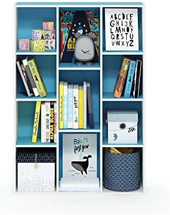 Furinno LUDER Book Shelf, 11-Cube Bookshelf, Reversible Bookcase, 9.4 x 29.1 x 41.7, Easy Assembly, for Living Room, Bedroom, Home Office, White/Light Blue