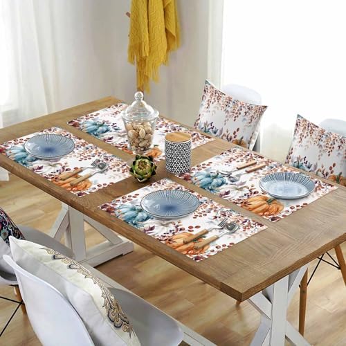 Fall Thanksgiving Placemats Set of 6, Watercolor Pumpkins Eucalyptus Leaves Heat Resistant Washable Linen Table Place Mats Party Holiday Decor for Home Kitchen Dining Outdoor Indoor, Blue Orange