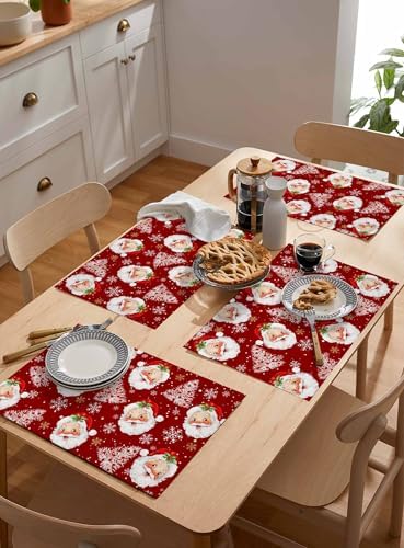 Red Christmas Placemat 1PC, Santa Claus Merry Christmas Tree Heat Resistant Washable Table Place Mats Winter Snowflake Cotton Table Linens Party Holiday Decor for Kitchen Dining Outdoor Indoor