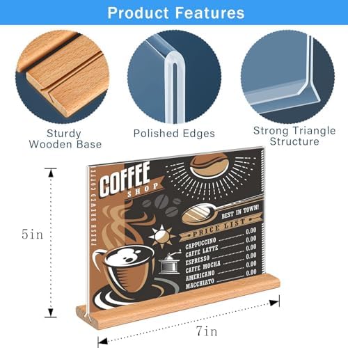 Kersally Acrylic Sign Holder 7 x 5'', 3 Pack Double-Sided Clear Table Display Stands with Wood Base,Horizontal Acrylic Frame Menu Flyer Paper Holder for Store, Restaurant, Hotel, Office, Show Fair