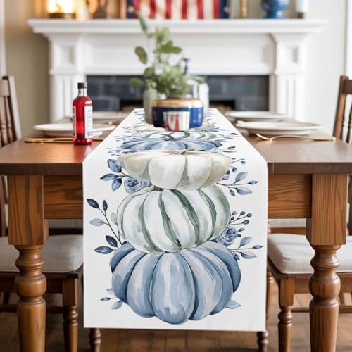 Fall Table Runner White Blue Pumpkin Table Runners Harvest Thanksgiving Blue Eucalyptus Leaves Cotton Linen Dresser Scarf Kitchen Dining Table Decor for Autumn Holiday Party Coffee 13x90 Inch