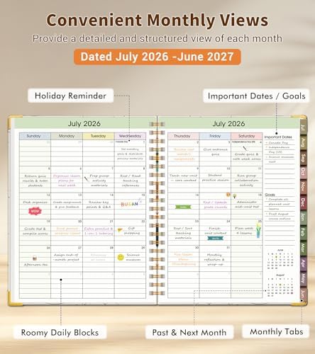 Teacher Planner 2026-2027, July 2026 - June 2027, Academic Weekly & Monthly Calendar Planner with Tabs, 8.5" x 11" A4 Teacher Lesson Plan Book with 7 Periods, Daily Agenda School Organizer for Teacher Student Homeschool, Bohemia