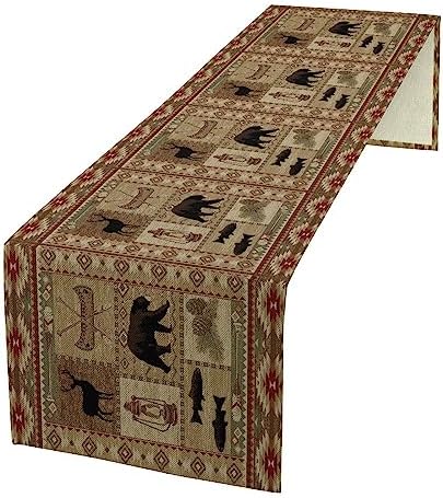 Vintage Rustic Cabin Bear Table Runner,Cottage Country Style Pine Tree Elk Wildlife Dinner Runner for Home Kitchen Dining Table Decoration 13"x120"