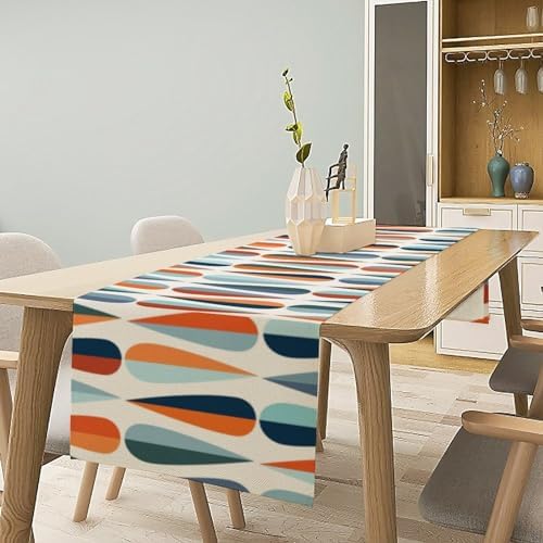 Mid Century Modern Table Runner Retro Blue Orange Grey Water Droplets Geometric Table Runner for Kitchen Dining Room Dining Table Decoration 13x108in
