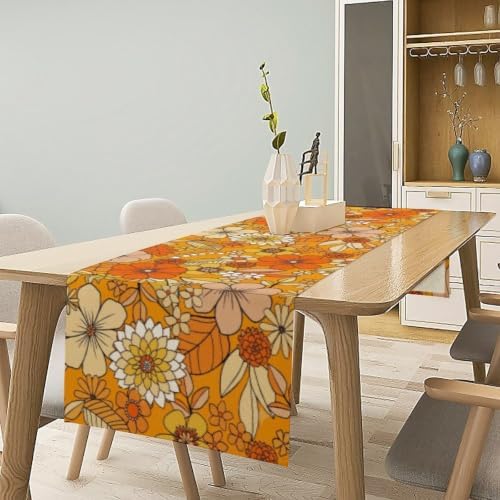 Floral Table Runner Retro 70s Hippie Daisy Flower Peace Love Birthday Party Retro Kitchen Dinning Home Decoration 13x108 Inch