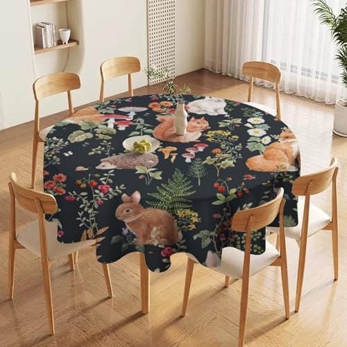 Watercolor Forest Tablecloth, Rustic Woodland Animals Squirrel Rabbit Fox Wild Flower Mushroom Leaves Print Table Cloth Cover for Kitchen Dining Indoor Outdoor Decor, 50x50in