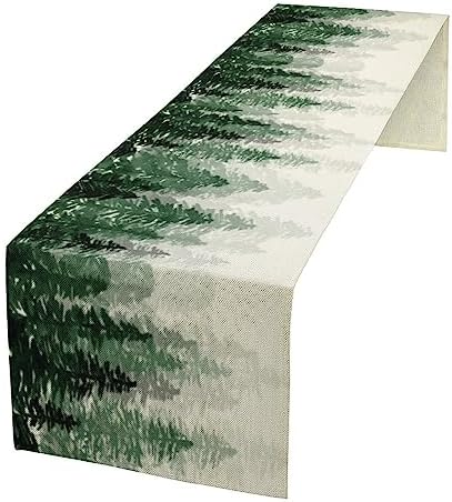 Green Forest Pine Trees Table Runner, Woodland Tabletop Scarf Home Kitchen Holiday Decor, Seasonal Farmhouse Rustic Dining Decorations Party Supply 13 X 120 Inch