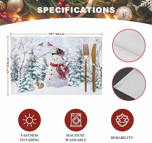 Christmas Placemats Set of 6, Snowman Squirrel Bird Heat Resistant Washable Dining Table Mats Xmas Holiday Farmhouse Decor for Kitchen&Linens Outdoor Indoor, Pine Tree Branch Snowflake