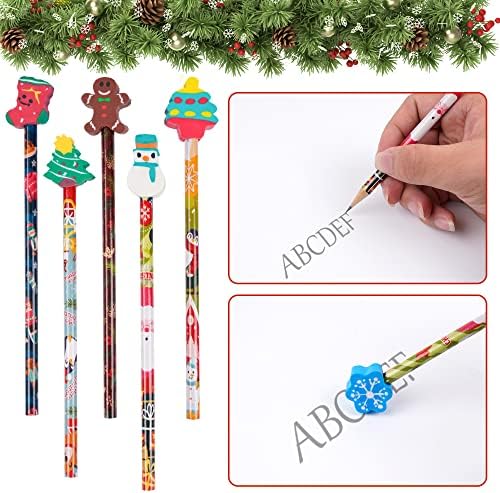 SAIWEILAI ONLINE 50 Pieces Christmas Pencils Elk Snowflake Wood Pencils with With Giant Snowman Xmas Tree Eraser Assortment Christmas Stationery Pencil for Christmas Supplies