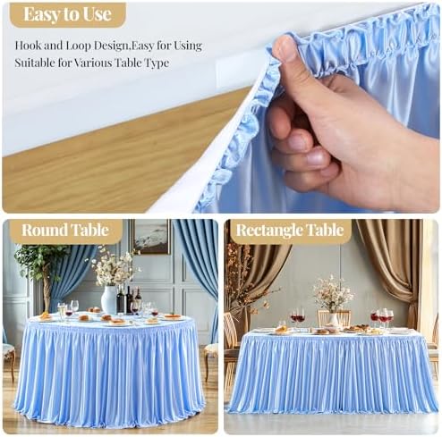 Wish Care 21ft Baby Blue Satin Long Table Skirt for Rectangle Tables Wrinkle Free Teacher Desk Skirt Glitter Ruffle Table Skirting Cloth for Back to School Classroom Office Birthday Party Table Decor