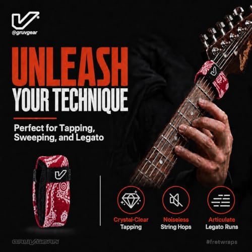 Gruv Gear Fret Wrap & Guitar Mute, Fretwrap for Acoustic, Electric & Bass | String Dampener Recording, Tapping & Practice Accessory (1 Pack, Small Bandana Red, Fits 4 String Bass, 6 String Guitar)