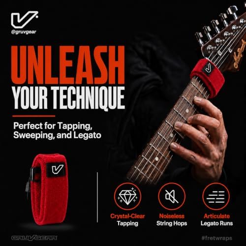 Gruv Gear Fret Wrap & Guitar Mute, Fretwrap for Acoustic, Electric & Bass | String Dampener Recording, Tapping & Practice Accessory (1 Pack, Medium Red, Fits 5 String Bass, 7 String Guitar)