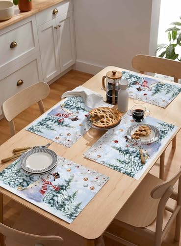 Snowman Placemats Set of 4, Blue Merry Christmas Tree Red Balls Squirrel Heat Resistant Washable Table Place Mats Winter Cotton Table Linens Party Holiday Decor for Kitchen Dining Outdoor Indoor