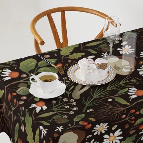 Wild Mushrooms Tablecloth, Rustic Chamomile Flowers Herbs Plants Retro Botanical Mushroom Natural Print Table Cover for Kitchen Dining Room Picnic Camping Indoor Outdoor 60x90in