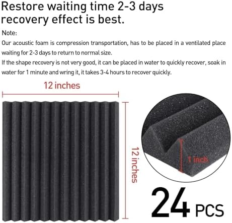 Focusound 24 Pack Grey Acoustic Foam Panels 1" x 12" x 12" Sound Proof Foam Panles Soundproofing Noise Cancelling Wedge Panels for Home Office Recoding Studio with 240PCS Double-Side Adhesive