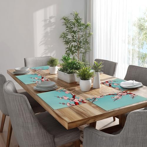 Batmerry Shabby Chic Cherry Blossom Linen Placemats Set of 4, Turquoise Vintage Washable Table Mats for Kitchen Table Thickened Heat Insulation Dining Set Indoor Outdoor 12X18 in