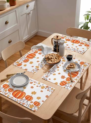 Fall Maple Leaves Placemat, Thanksgiving Watercolor Pumpkins Heat Resistant Washable Table Place Mats Orange Cotton Table Linens Party Holiday Decor for Home Kitchen Dining Outdoor Indoor,