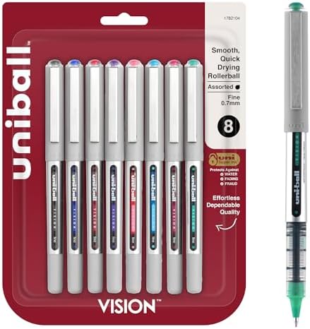uniball™ Vision Rollerball Pens, Fine Point (0.7mm), Assorted Colors, 8 Pack