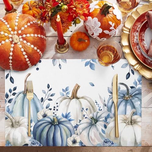 Fall Thanksgiving Placemats 1 Pack, Blue White Pumpkin Heat Resistant Washable Dining Table Mats Fall Holiday Farmhouse Decor for Kitchen&Linens Outdoor Indoor, Autumn Flowers Eucalyptus Leaves