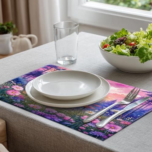 Batmerry Forest Flowers Sunset Placemats, Beautiful Forest Sunset Scene Washable Linen Table Mats for Kitchen Table Double Insulation Decor Dining Set Indoor Outdoor 12X18 in Set of 4