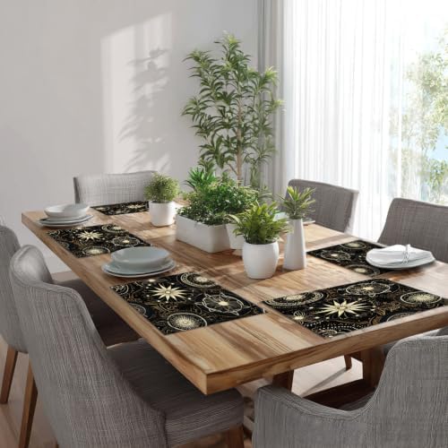 Batmerry Circular Patterns Floral Designs Placemats, Black and Gold Decorative Patterns Washable Linen Table Mats for Kitchen Table Double Insulation Decor Dining Set Indoor Outdoor 12X18 in Set of 8