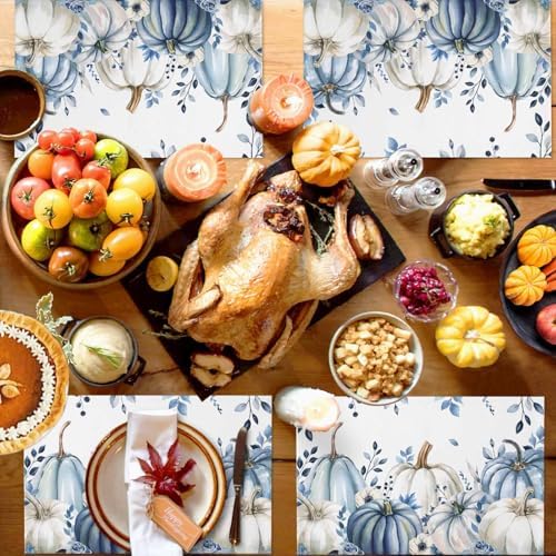 Fall Thanksgiving Placemats 1 Pack, Blue White Pumpkin Heat Resistant Washable Dining Table Mats Fall Holiday Farmhouse Decor for Kitchen&Linens Outdoor Indoor, Autumn Flowers Eucalyptus Leaves