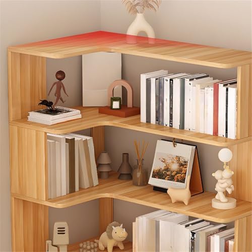 Vertical L-Shape Storage with Open Back 5 Shelves Corner Bookshelf Wood Floor Rack Student Integrated Wall Bookcase Corner Cabinet Multi-layer Storage Cabinet Light Walnut 24"L x 35"W x 63"H