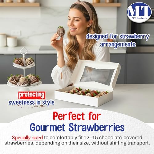 MT Products 12" x 8" x 2.25" White Bakery Boxes with Window (5 Pack) - Auto Pop-Up Paperboard Treat Boxes for Chocolate Covered Strawberries, Cookies, Donuts & Pastries - Made in USA