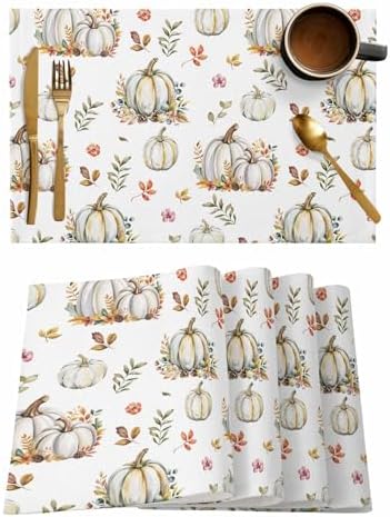 Fall Floral Leaves Placemats Set of 4, Thanksgiving Pumpkins Heat Resistant Washable Table Place Mats Boho Cotton Table Linens Party Holiday Decorations for Home Kitchen Dining Table Outdoor Indoor,