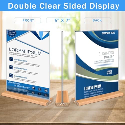 Kersally Acrylic Sign Holder 5 x 7, 6 Pack Double-Sided Clear Table Display Stands with Wood Base,Vertical Acrylic Frame Menu Flyer Paper Holder for Stores, Restaurants, Hotels, Office, Show Fair