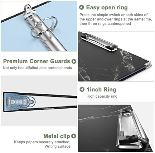 Rouidr 3 Ring Binder with clipboard, 1 inch 8.5 x 11 in Letter Size View Binders Organizer with Dividers Tabs & Clear Sleeves, School Supplies, Office Supplies, Black Textured Marble