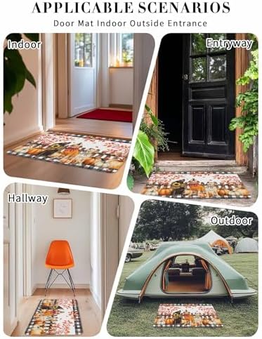 Fall Door Mat Orange Pumpkin Dog Doormat Bow Puppy Maple Leaves Fence Plaid Harvest Thanksgiving Welcome Mat Non Slip Entryway Front Rug Floor Mat for Indoor Outdoor Kitchen Autumn Holiday Decor 16x24