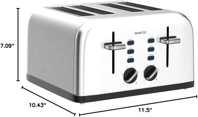 Toaster 4 Slice, Geek Chef Stainless Steel Toaster with Extra Wide Slots，4 Slot Toaster with Bagel/Defrost/Cancel Function, Dual Control Panel of 6 Toasting Bread Shade Settings, Removable Crumb Trays, High Lift Lever, ETL
