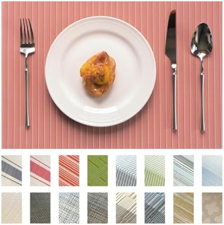 Placemats Set of 6 Vinyl/Plastic Woven Place Mats for Kitchen Table Indoor/Outdoor Washable Placemat Wipeable Dining Table Mats (Red Stripes,6)