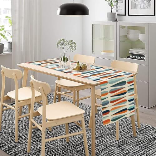 Mid Century Modern Table Runner Retro Blue Orange Grey Water Droplets Geometric Table Runner for Kitchen Dining Room Dining Table Decoration 13x60in