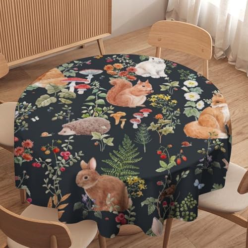 Watercolor Forest Tablecloth, Rustic Woodland Animals Squirrel Rabbit Fox Wild Flower Mushroom Leaves Print Table Cloth Cover for Kitchen Dining Indoor Outdoor Decor, 50x50in